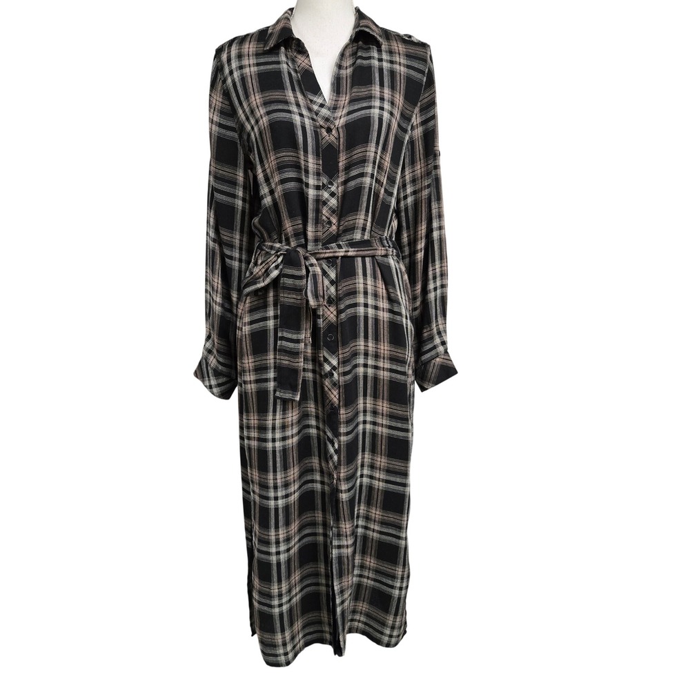 Cloth & Stone Black Tan Plaid Button Front Midi Shirtdress Tie Waist Womens M